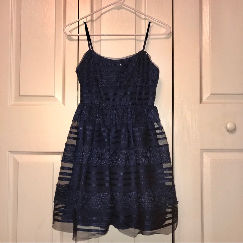 Navy Blue Sequin and Lace Mini Dress
